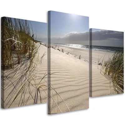 Produktbild von Triptychon auf leinwand dünen am strand 120x80 cm Feeby blau wandbild bereit zum aufhängen