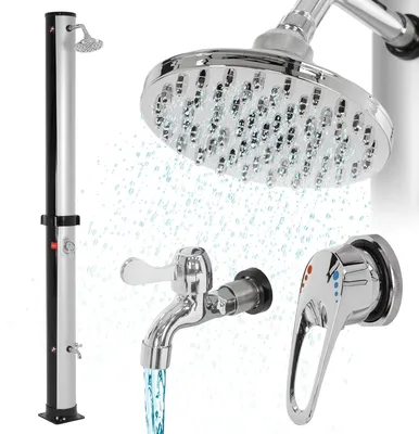 Produktbild von ML-Design Solardusche 35L 217,5cm rund mit Fußdusche und Regenduschkopf Silber-Schwarz, warmes Wasser, 60°C ohne Stromanschluss, mit Gartenschlauch-Anschluss