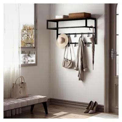 Produktbild von Wandgarderobe mit Ablage, Kleiderständer mit Kleiderstange und 10 Haken, Wandmontage für Eingangsbereich, Schlafzimmer und Wohnzimmer, 80x41x30 cm, Schwarz und Vintagebraun