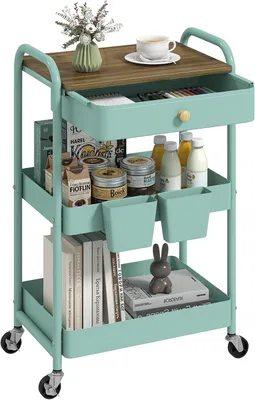 Immagine prodotto di Carrello di servizio a 3 piani, con cassetti e piano di lavoro in legno, per la cucina
