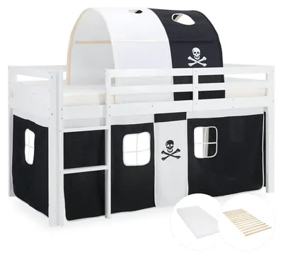 Produktbild von Homestyle4u Hochbett 90x200 Kinder mit Lattenrost mit Matratze Standard 100 Tunnel Vorhang Schwarz Kinderbett Weiß Pirat Junge Rausfallschutz