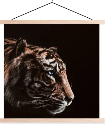 Produktbild von MuchoWow® Textilposter Tiger - Tiere - Schwarz 120x120 cm mit holzfarbenen Rahmen - Textil-Poster
