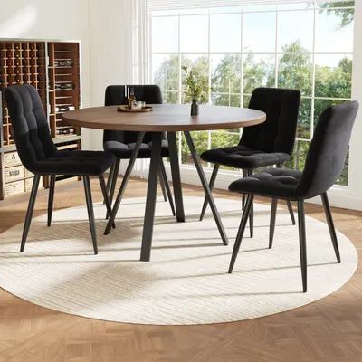 Image de Flieks Ensemble de salle à manger, table avec 4 chaises, table ronde 80x75 cm, table pour salle à manger salon, chaises rembourrées avec assise en velours, noyer + noir