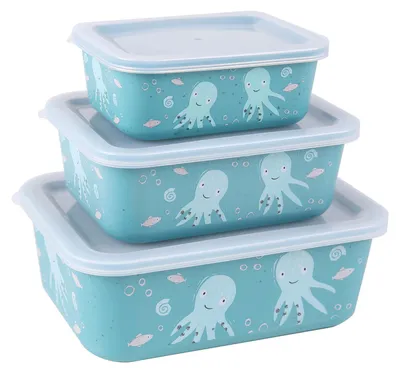 A stack of three turquoise food storage containers with octopus and fish illustrations, each with a clear lid.