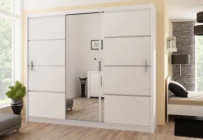 Produktbild von Kleiderschrank Vista mit Spiegel 250 cm, Schwebetürenschrank, Garderobeschrank Schlafzimmer; Wohnzimmerschrank; Korpus Schrank Farbe: Weiss; Farbe der Schrankfront: Weiss