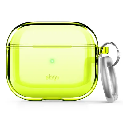 A neon yellow Elago clear case for AirPods 3 with a silver keychain attachment, shown against a white background.