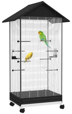 Image de Cage oiseau sur pied voliššre oiseaux intšŠrieure sur roulettes 2 mangeoires 8 perchoirs 79 x 65 x 155 cm fil d'acier noir