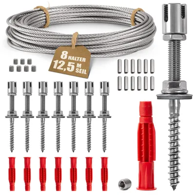 Produktbild von Edelstahl-Rankgitter für Kletterpflanzen, komplettes Profi-System mit Wandhalterungen und 3 mm Stahlseil (8 Halterungen, 12,5 m Seil).
