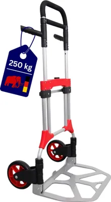 Produktbild von Klappbare Profi-Alu-Sackkarre ELEPHANT | Traglast 250kg | HxBxT 124x60x61cm | Aluminiumrahmen, ergonomische Griffe, pannensichere Vollgummibereifung | Silber | Transportkarre Staplerkarre