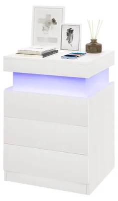 Zdjęcie produktu dla Nocna szafka - 3 szuflady, oświetlenie LED, 2 gniazdka elektryczne, 2 porty USB, metalowa konstrukcja, kolor biały