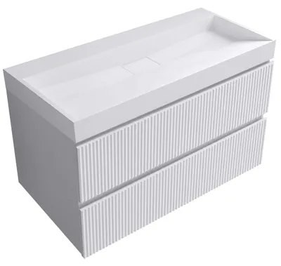 Productafbeelding van Badkamermeubel Carole - wit, mat, met ribbels + wastafel van gietmarmer Vita - wit, glanzend - 100x58x46 cm