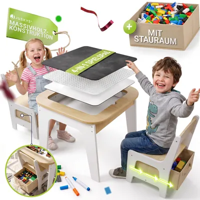 Produktbild von Juskys Kindersitzgruppe Milou - Set mit 2 Stühlen, Tisch & Stauraum - Holz - Natur