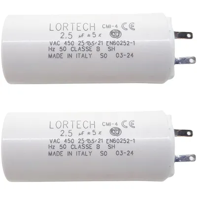 Obrázek produktu pro Sada dvou kondenzátorů o kapacitě 2,5 µF značky LORTECH, určených pro rolety. Vhodné pro všechny značky – krouticí moment motoru 6 Nm – vyrobeno v Itálii