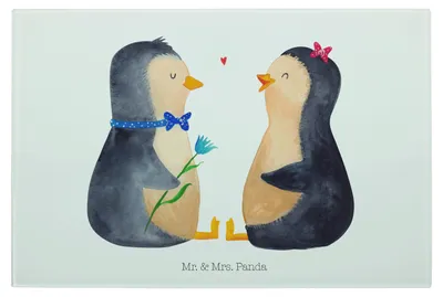 Produktbild von Mr. & Mrs. Panda Glas Schneidbrett Pinguin Pärchen - Weiß - Geschenk, Liebe, Verknallt, Schneidebrett Aus, Hochzeitstag, Hochzeit, Schneidplatte, Hackbrett, Pinguine