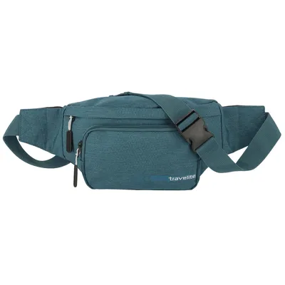 A teal colored fanny pack is shown against a white background.