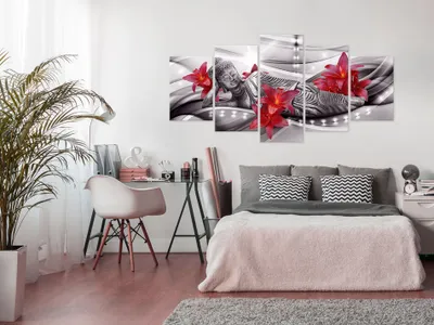 Produktbild von Akustikbild Buddha 200x100 cm Bilder Akustikschaum Hochleistungsschallabsorber Schallschutz Leinwand 5 tlg Wandbild Raumakustik Schalldämmung h-A-0074-b-n