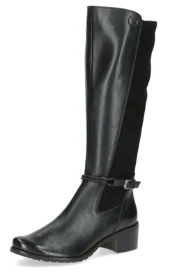 A black leather boot with a suede panel on a white background.