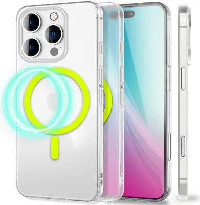 Image de Coque rigide NALIA Ultra Slim pour iPhone 16 Pro – Compatible MagSafe et anneau phosphorescent – THINIX GLOW (0,3 mm d'épaisseur) – Marque berlinoise – Jaune fluo transparent