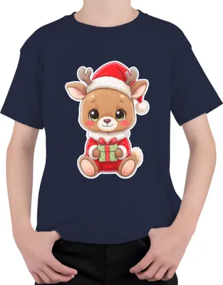 Produktbild von Süßes Rentier Weihnachten Geschenk Kinder Kawaii Niedlich Cartoon Uni Kinder T-Shirt, Navy, 116