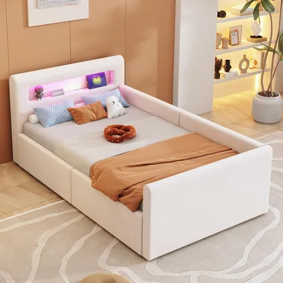 Produktbild von Polsterbett Kinderbett 90*200 cm, mit LED-Licht, Nachtlicht und USB-Ladeanschluss, mit Regal, hydraulischem Stauraum, Einzelbett, Jungen- und Mädchenbetten, Samtstoff, Beige