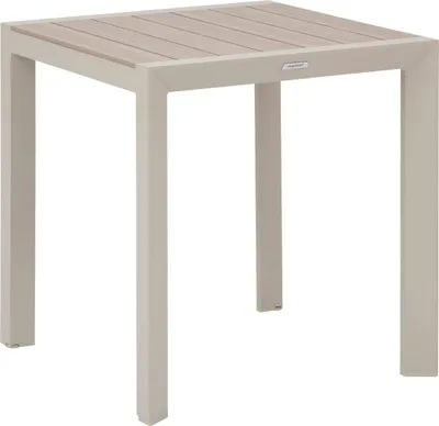 A square outdoor table with a slatted top and beige frame, presented on a white background.