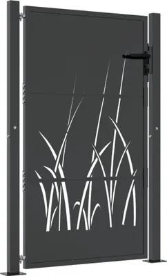 A dark gray metal garden gate with a cut-out grass design.
