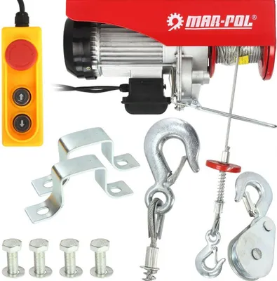 A collection of parts for an electric hoist, including the hoist itself, a remote control, hooks, bolts, and a pulley.
