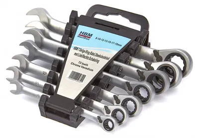 Immagine prodotto di Set di chiavi combinate a cricchetto reversibili 7 pz (8-19mm), acciaio Cr-V, con scatola in plastica