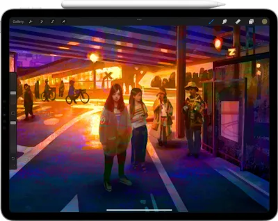 A digital painting of people standing on a street under an overpass during sunset.