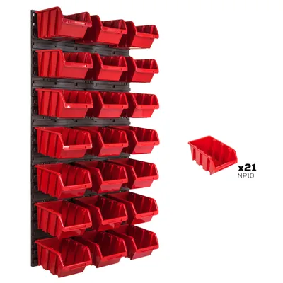 A wall-mounted storage system with multiple red bins, and a single red bin shown separately with quantity information.