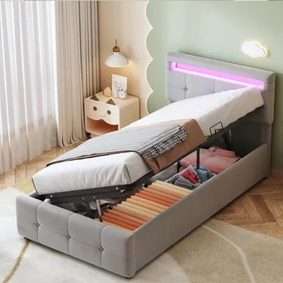 Productafbeelding van Kindbed met gestoffeerde zijkanten, 90x200 cm, grijs, van fluweelstof, met LED-verlichting en hydraulische opbergruimte, geschikt voor de slaapkamer