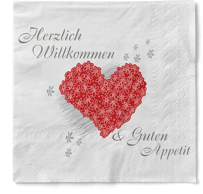Produktbild von Sovie HORECA Serviette Herzlich Willkommen in Rot aus Tissue 33 x 33 cm, 3-lagig, 100 Stück