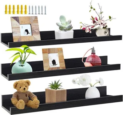 Obrázok produktu pre Ibenzoa® čierna závesná polička, sada 3 kusov, materiál MDF, rozmery 60×14×6,8 / 60×11,9×5,9 / 60×9,7×5 cm – vhodná do obývačky, kuchyne, spálne a kancelárie