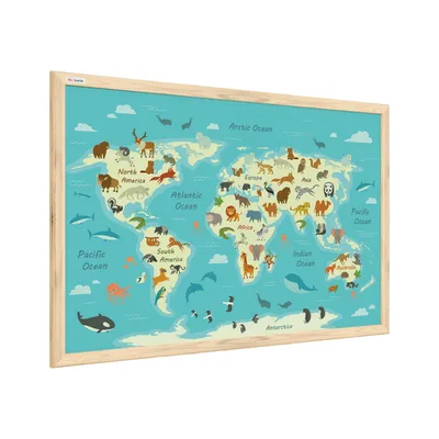 Produktbild von Bild der Weltkarte für Kinder, Tiere, 60x40cm im Naturholzrahmen, Magnettafel