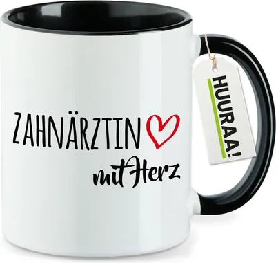 Produktbild von Huuraa Kaffeetasse Zahnärztin mit Herz 330ml Schwarz Keramik Kaffeebecher Geschenkidee