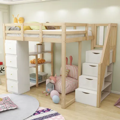Image de OKWISH Lit Mezzanine Ado 140x200 cm - Lit avec Commode, Tiroirs et Étagères - Échelle de Sécurité Antidérapante - Sans Matelas - Bois Naturel