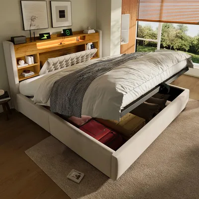 Image de Lit rembourré Flieks 160 x 200 cm avec ports USB et Type-C, lit hydraulique avec rangement et étagère, lit double pour adolescent avec revêtement en cuir, lin, beige