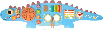 Immagine prodotto di Tooky Toy tavola di attività per dinosauri da parete in legno | tavola per le abilità motorie / tavola di attività per bambini con xilofono, labirinto, orologio e ruote dentate |