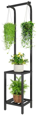 Produktbild von 170 cm hoher Pflanzenständer für drinnen und draußen, 3-stöckiges Hängeblumenregal aus Metall für mehrere Pflanzen, Pflanzenregal und Blumenständer für Wohnzimmer, Balkon, Garten, schwarz TMJ076B