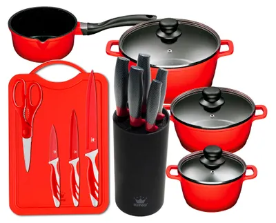 A collection of red kitchenware, including pots, pans, knives, a cutting board, and scissors, arranged on a white background.