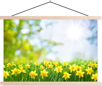 Produktbild von MuchoWow® Textilposter Blumen - Frühling - Gelb 60x40 cm mit holzfarbenen Rahmen - Bilder