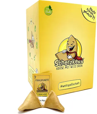 Produktbild von Scherzkeks® - eine Packung Heiterkeit, 20er Box Scherzkekse, 20 Kekse mit Flachwitze, Witz-Keks Vegan,  Germany, Geschenkidee, Vegane Geschenke Gastgeschenke Geburtstag Glückskekse Glückskeks