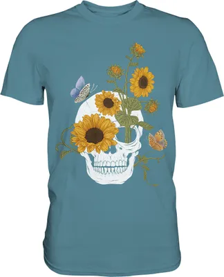 Produktbild von Totenkopf Sonnenblumen Shirt Gärtner Schmetterling Garten Motiv – Stone Blue / S