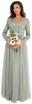 Produktbild von Damenkleid mit Langen Ärmeln für Hochzeitsgäste mit V-Ausschnitt Grün Größe 48