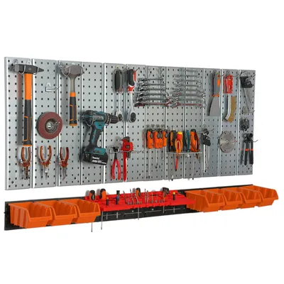 Zdjęcie produktu dla Ścianka narzędziowa 156x72 cm Metalowy system przechowywania z uchwytami na narzędzia Haki na narzędzia i 7 pojemników do układania 120 x 195 x 90 mm Kolor: pomarańczowy Perforowana tablica Warsztat Garaż Tablica Pegboard Elektronarzędzia Perforowana ścianka