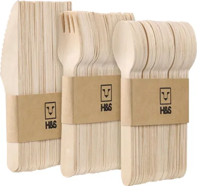 Produktbild von H&S Einweg Holzbesteck Set - 150 Stück  Party Besteck - Je 50 Stück Löffel Messer Gabeln - Cutlery Set - Einwegbesteck stabil - Holzlöffel Messer