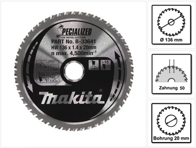 Produktbild von Makita SPECIALIZED Kreissägeblatt für Metall 136 x 20 x 1,4 mm 50 Zähne ( B-33641 )