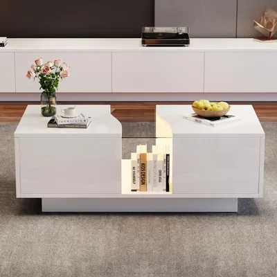 Immagine prodotto di okwish Tavolino moderno con due cassetti e illuminazione a LED, tavolino lucido con piano in acrilico e struttura in MDF, bianco