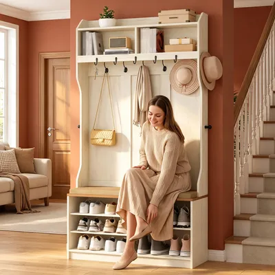 Produktbild von Garderobe mit Schuhbank, Garderobe mit 14 Haken weiß und braun
