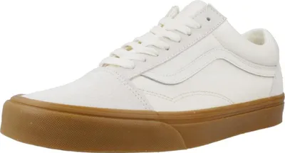 A single white Vans Old Skool sneaker with a gum sole is shown against a white background.